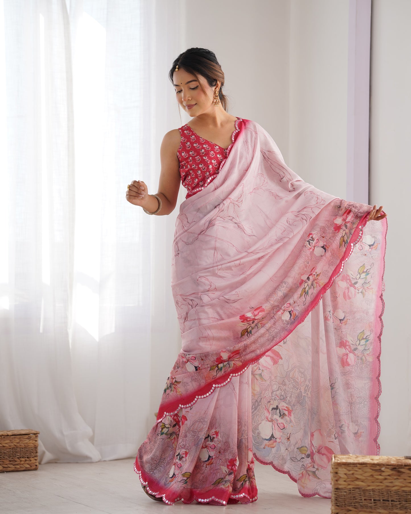 Light Pink Heavy Chinnon Saree with Print and Kutchi Mirror Lace Border