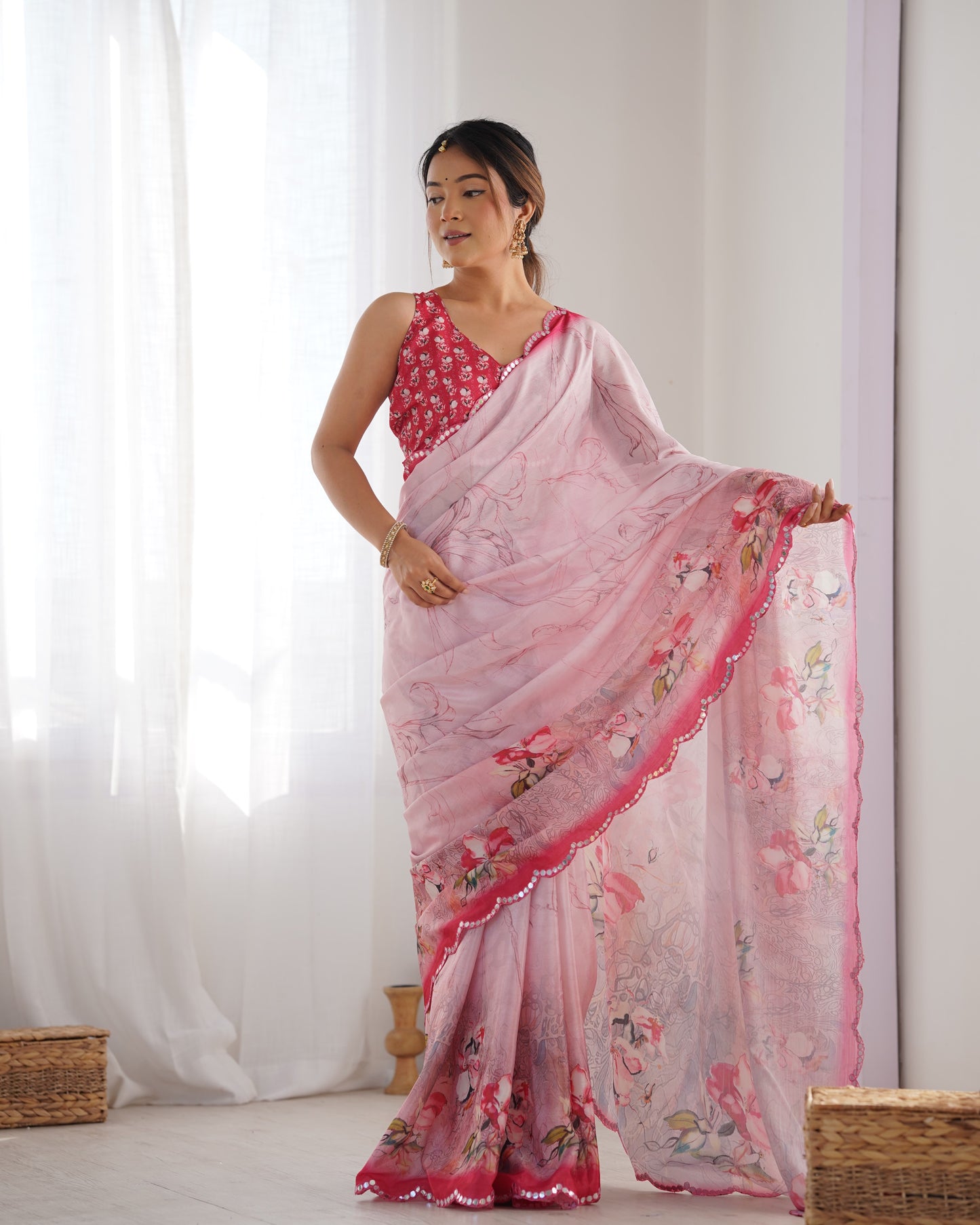 Light Pink Heavy Chinnon Saree with Print and Kutchi Mirror Lace Border