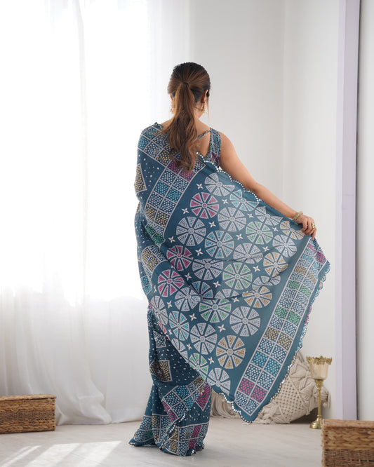 Navy Blue Heavy Chinnon Saree with Print and Kutchi Work Mirror Lace Border