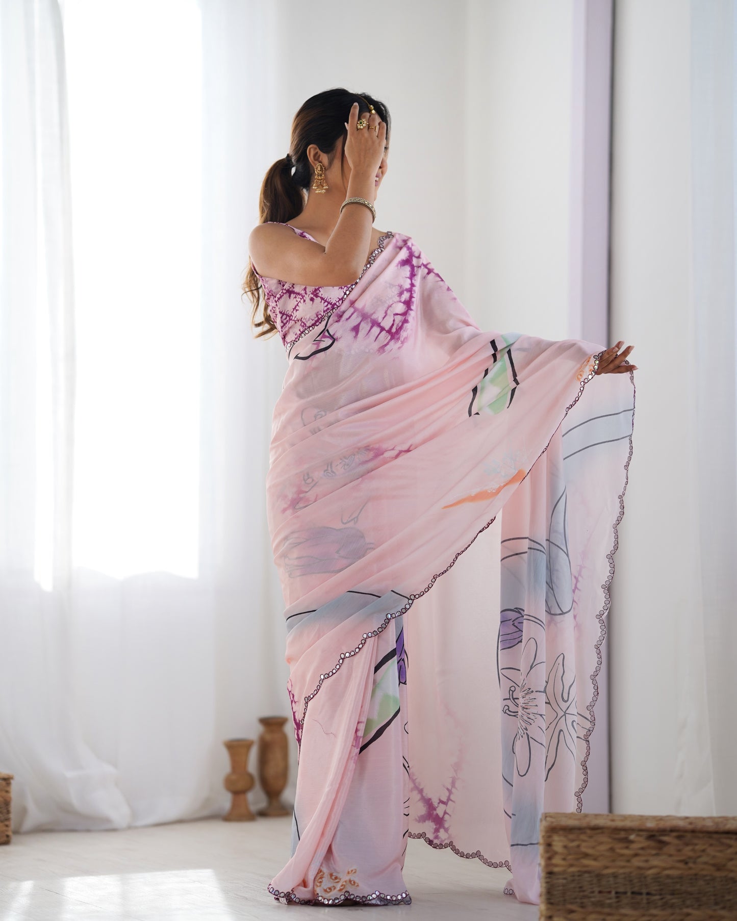 Baby Pink Heavy Chinnon Saree with Print and Kutchi Work Mirror Lace Border