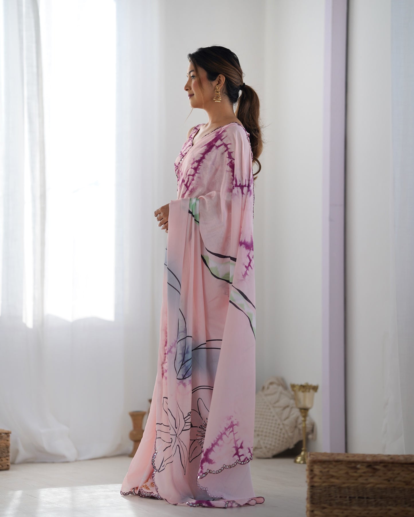 Baby Pink Heavy Chinnon Saree with Print and Kutchi Work Mirror Lace Border