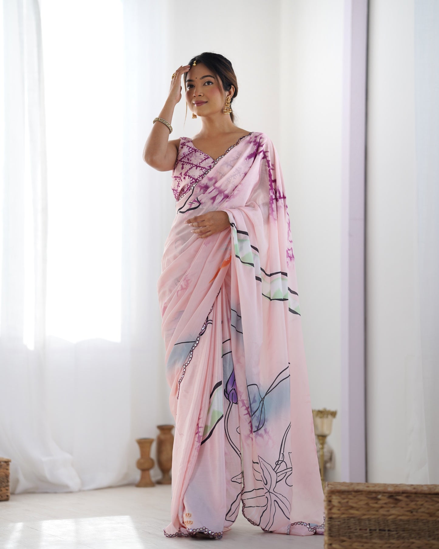 Baby Pink Heavy Chinnon Saree with Print and Kutchi Work Mirror Lace Border
