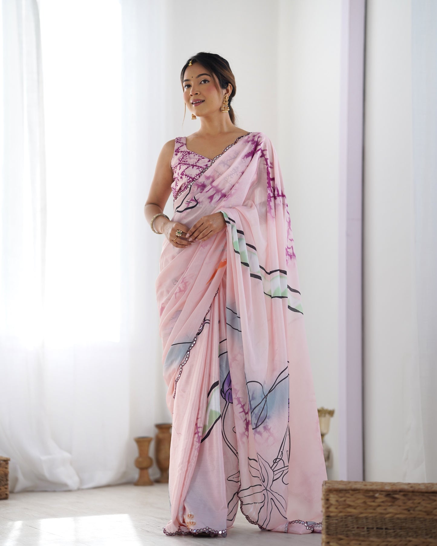 Baby Pink Heavy Chinnon Saree with Print and Kutchi Work Mirror Lace Border