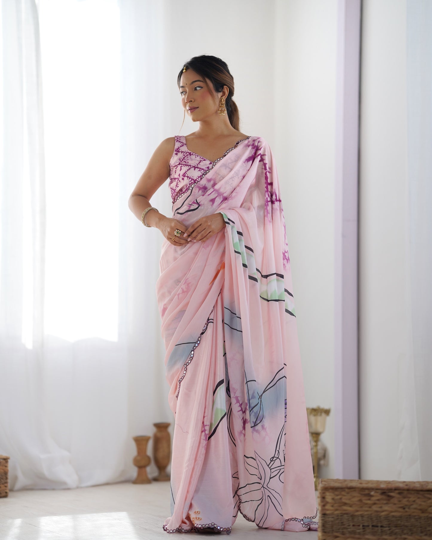Baby Pink Heavy Chinnon Saree with Print and Kutchi Work Mirror Lace Border