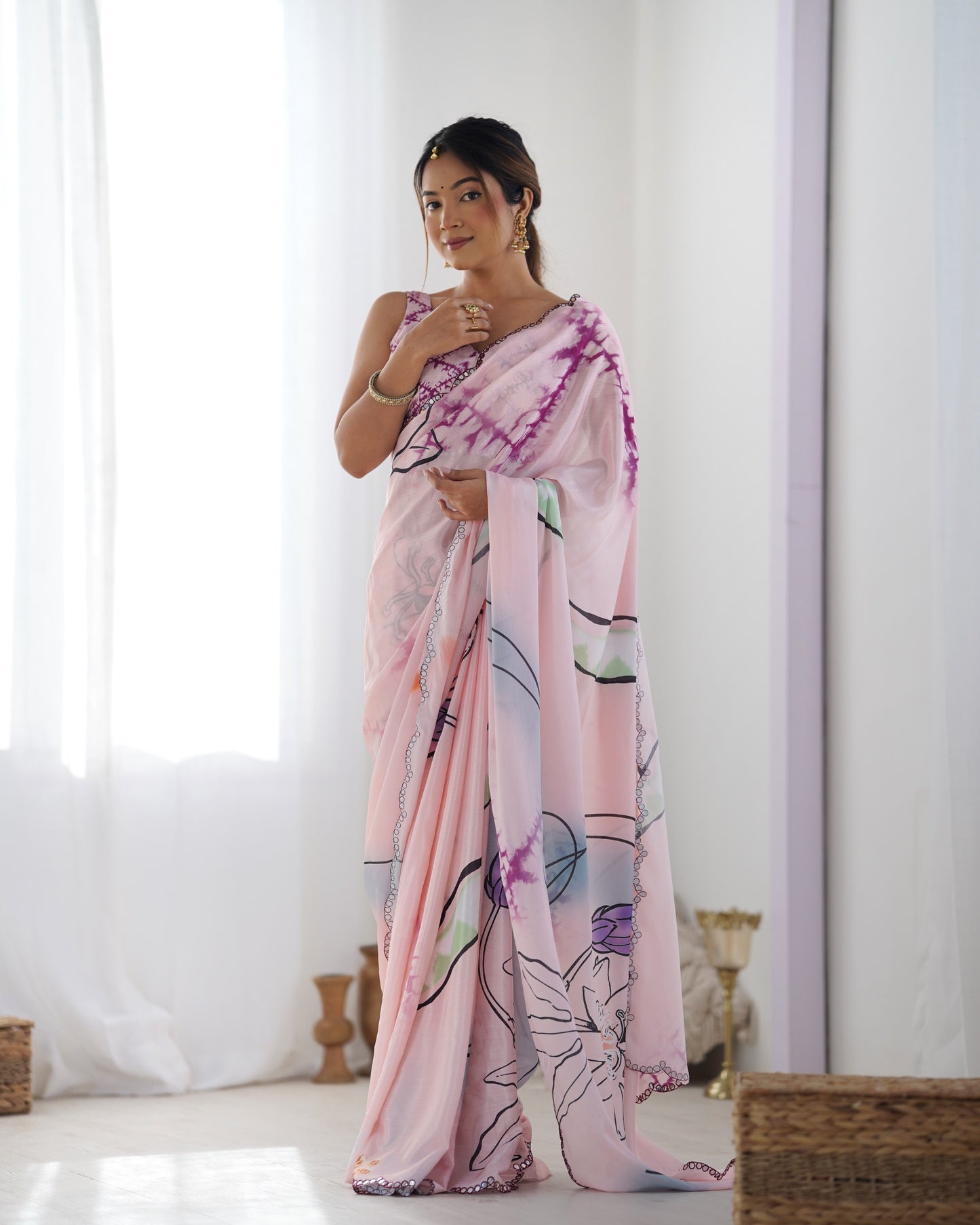 Baby Pink Heavy Chinnon Saree with Print and Kutchi Work Mirror Lace Border