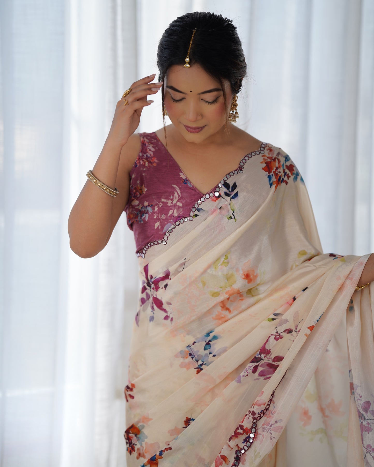 Beige Heavy Chinnon Saree with Print and Kutchi Work Mirror Lace Border