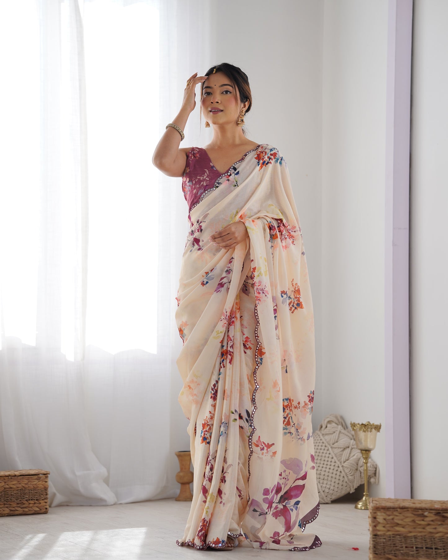 Beige Heavy Chinnon Saree with Print and Kutchi Work Mirror Lace Border