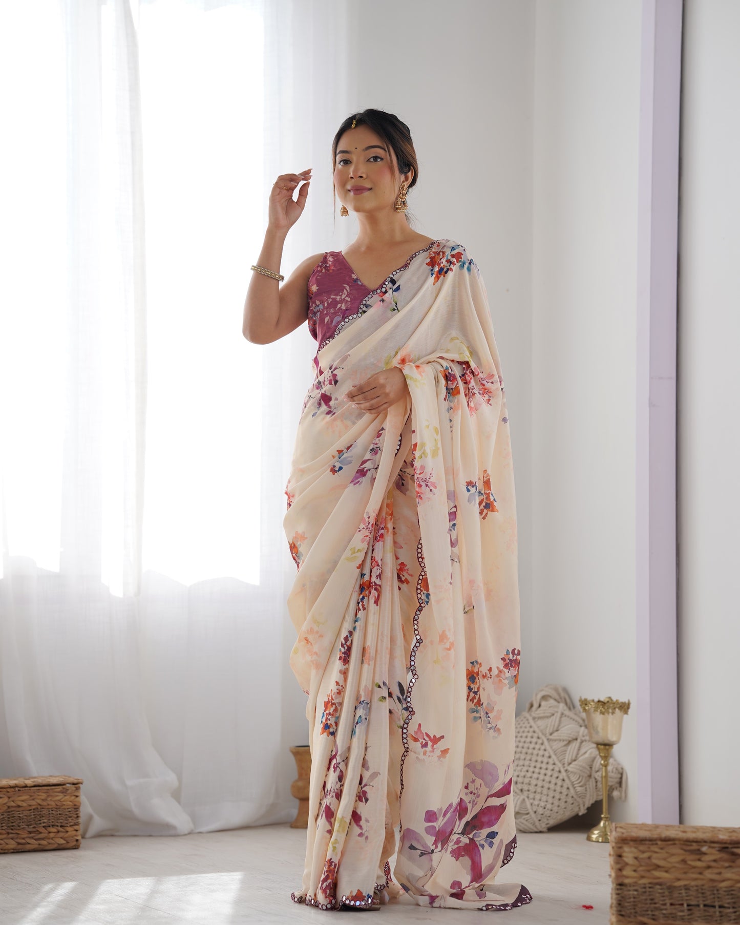 Beige Heavy Chinnon Saree with Print and Kutchi Work Mirror Lace Border