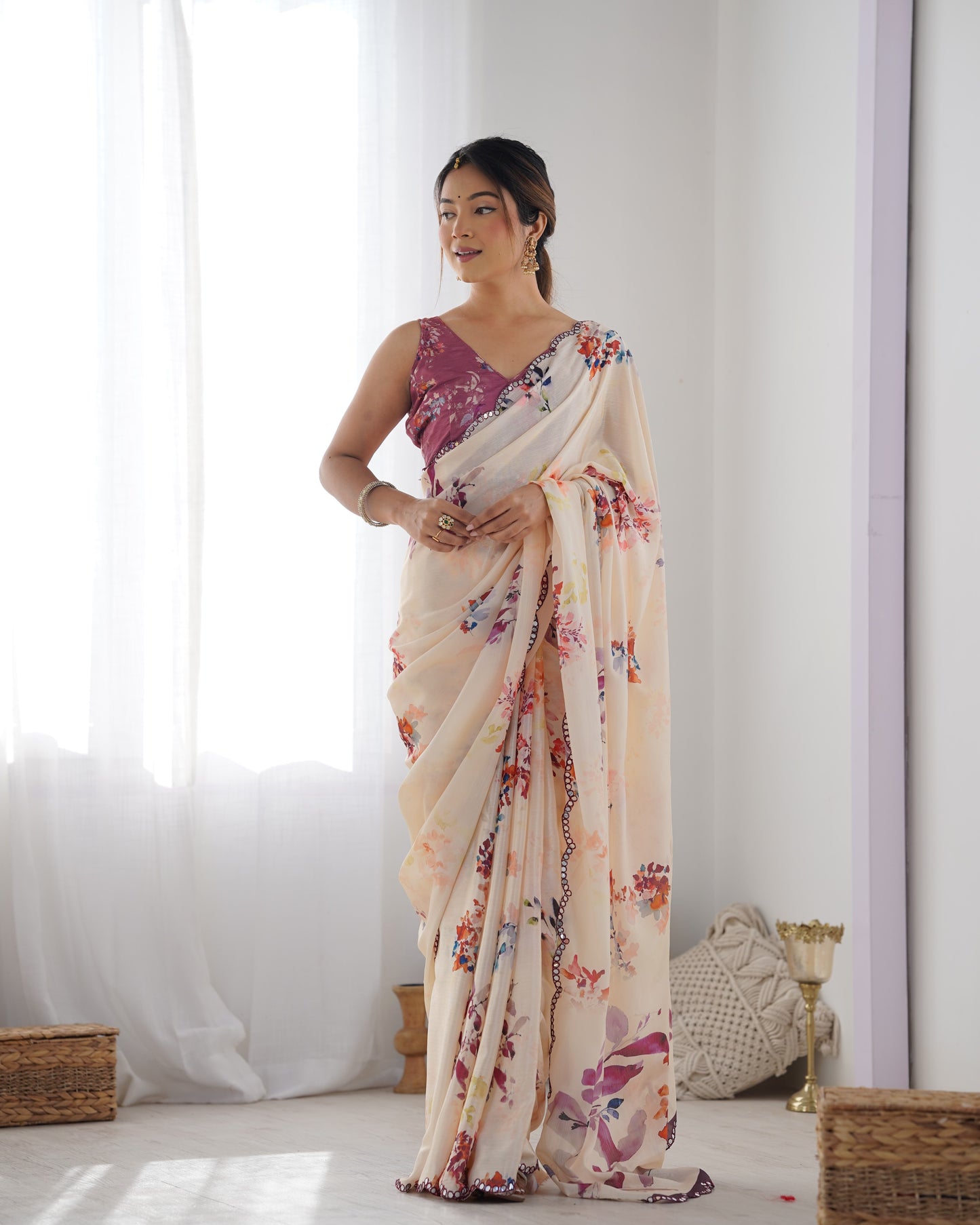 Beige Heavy Chinnon Saree with Print and Kutchi Work Mirror Lace Border