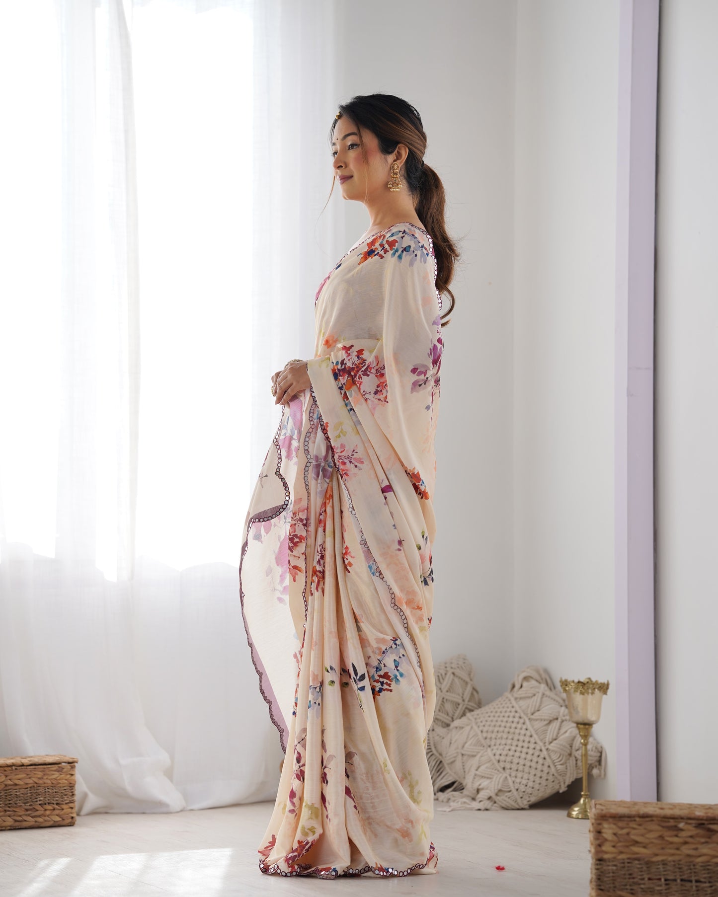 Beige Heavy Chinnon Saree with Print and Kutchi Work Mirror Lace Border