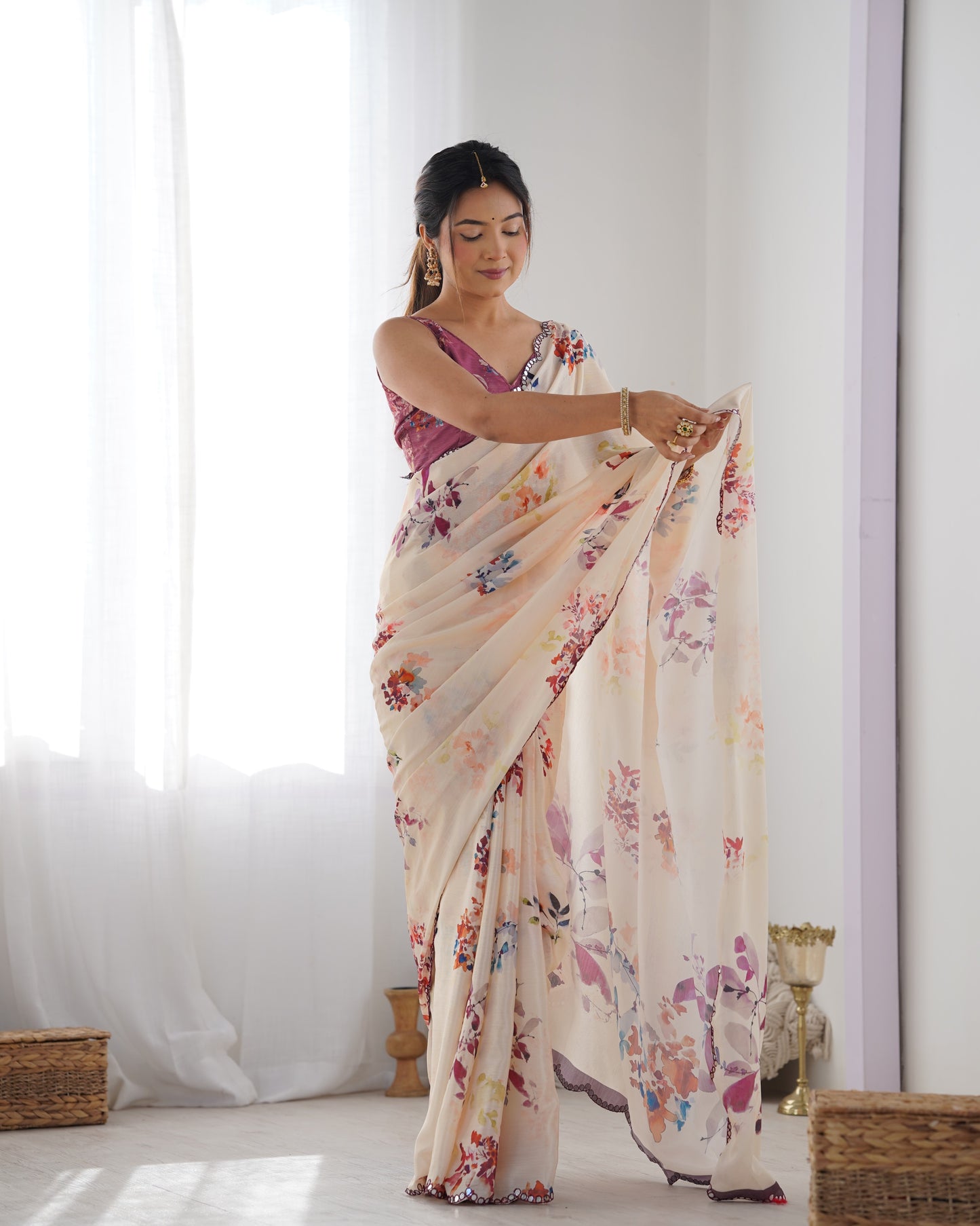Beige Heavy Chinnon Saree with Print and Kutchi Work Mirror Lace Border