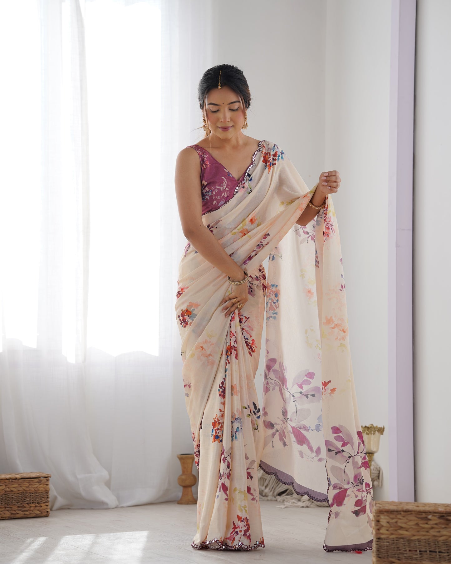 Beige Heavy Chinnon Saree with Print and Kutchi Work Mirror Lace Border