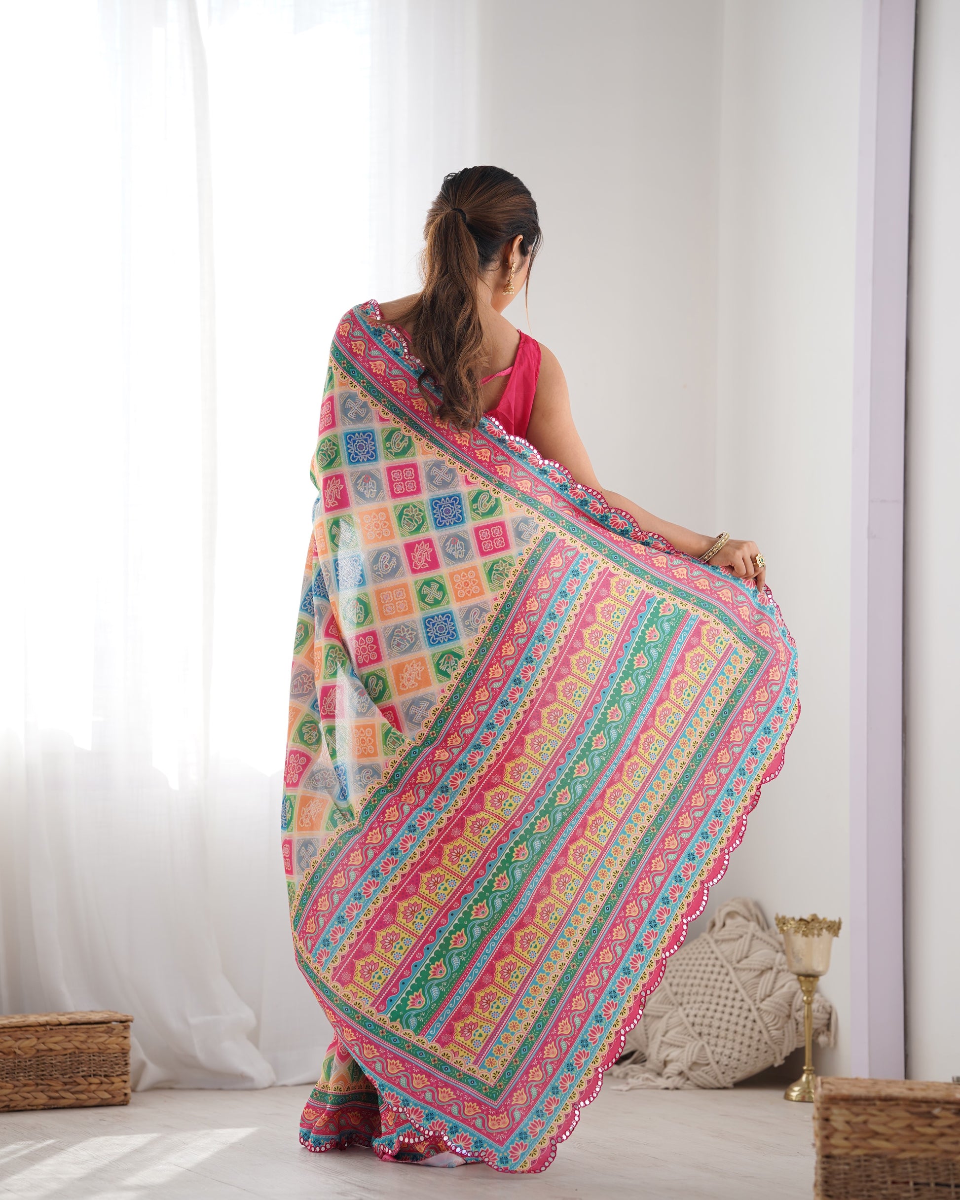 White Chinnon Saree with Kutchi Mirror Border and Printed Work – Available