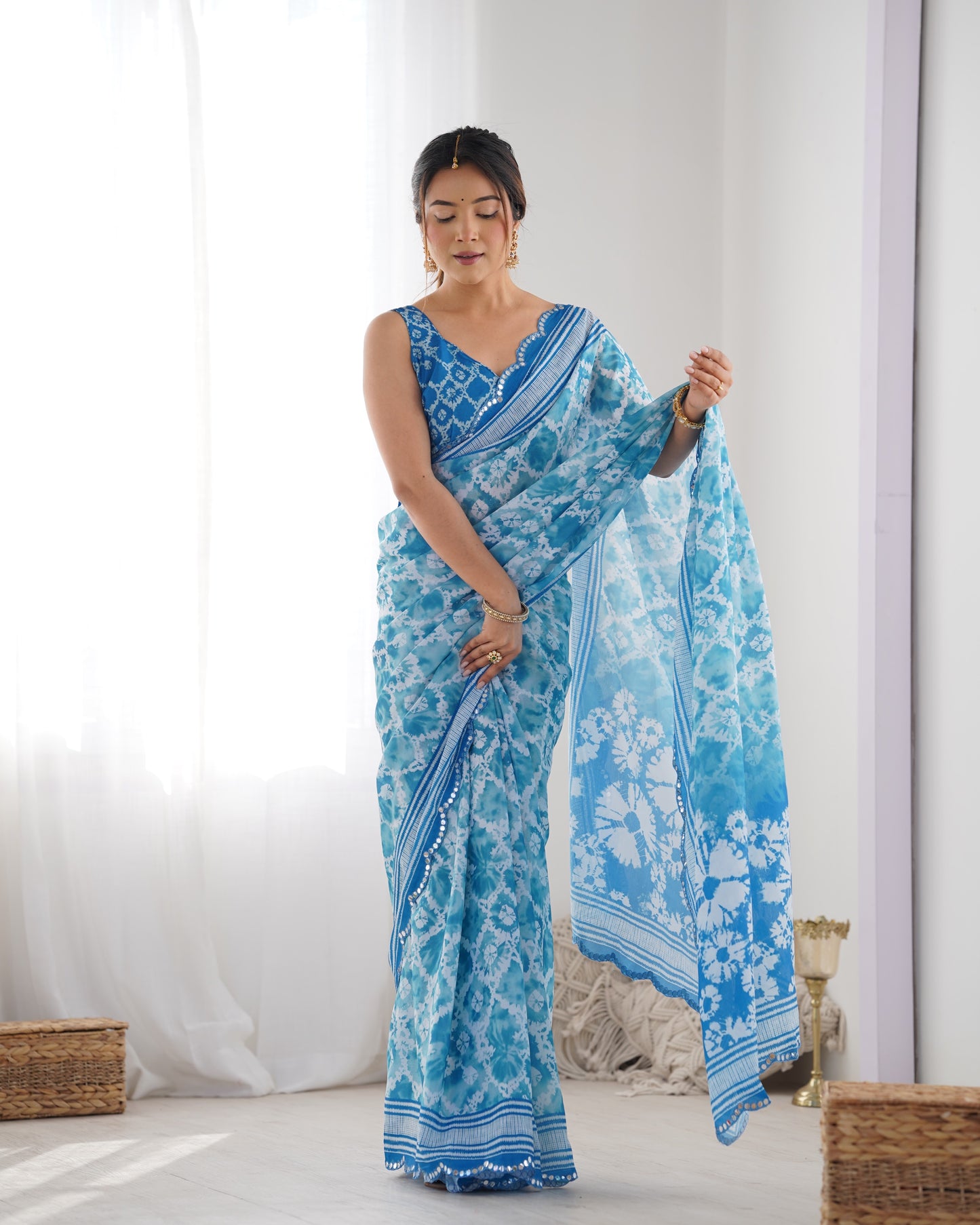 Sky Blue Heavy Chinnon Saree with Print Work and Beautiful Kutchi Work Mirror Lace Border