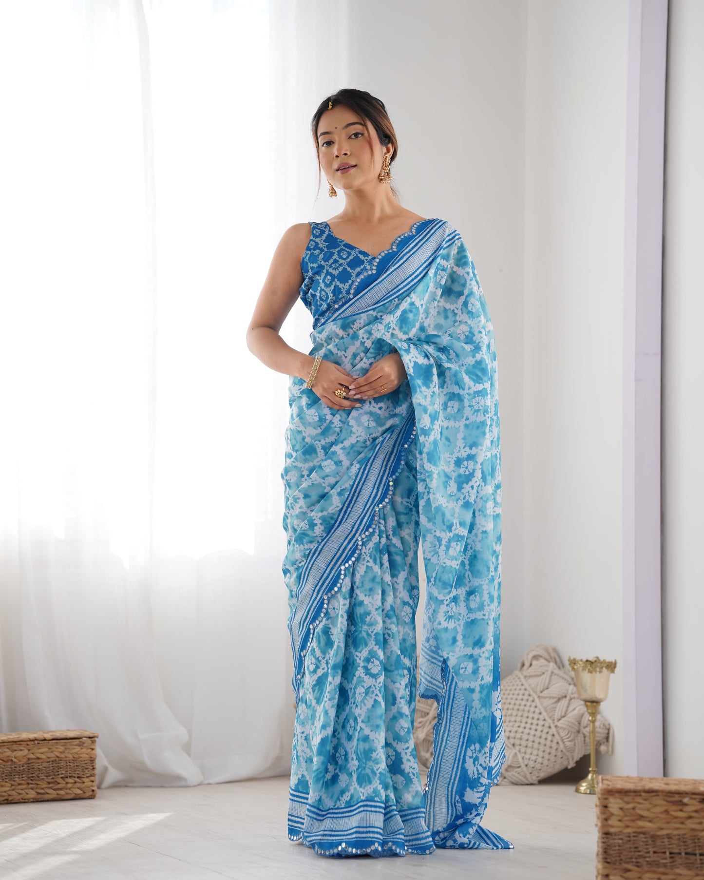 Sky Blue Heavy Chinnon Saree with Print Work and Beautiful Kutchi Work Mirror Lace Border