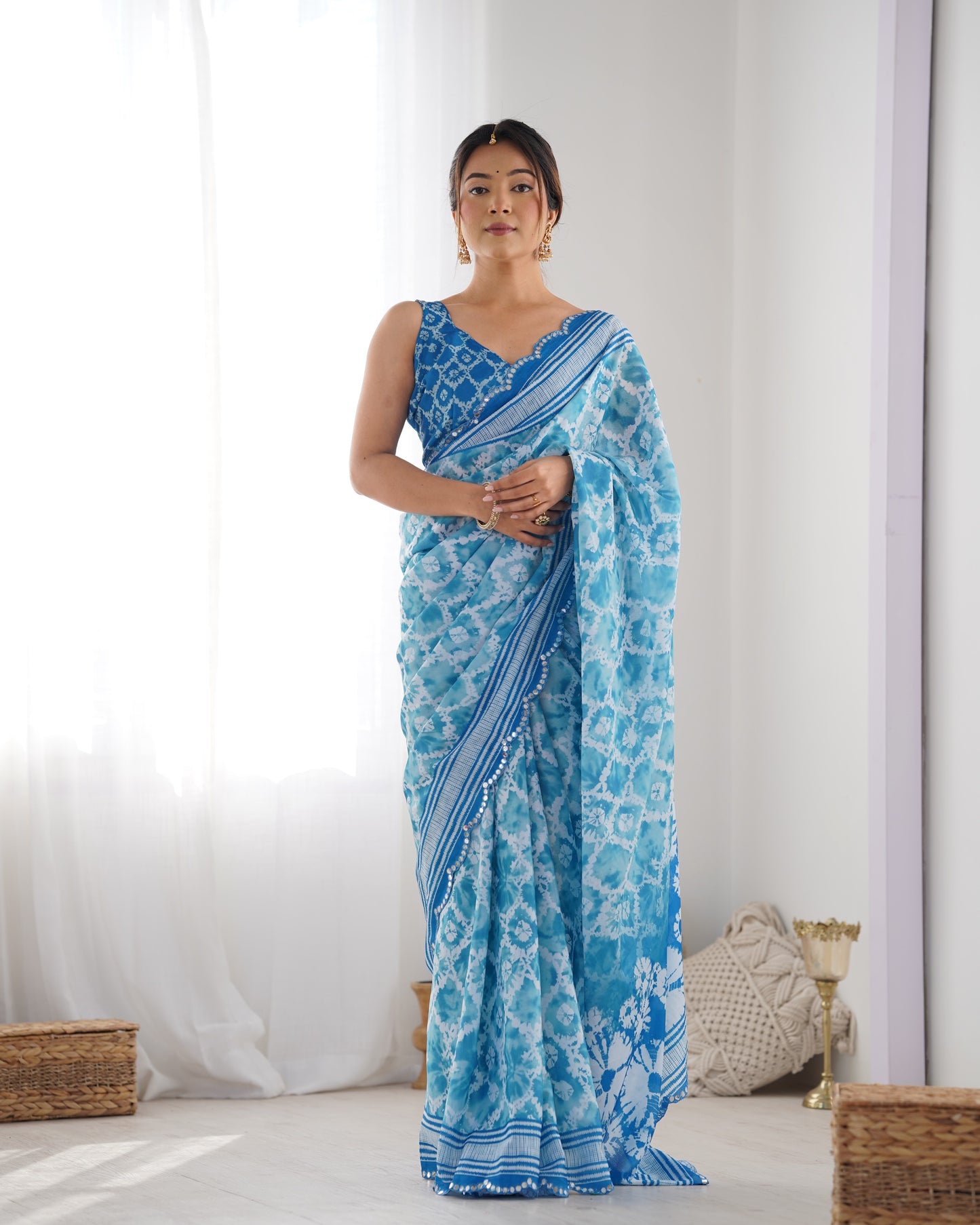 Sky Blue Heavy Chinnon Saree with Print Work and Beautiful Kutchi Work Mirror Lace Border