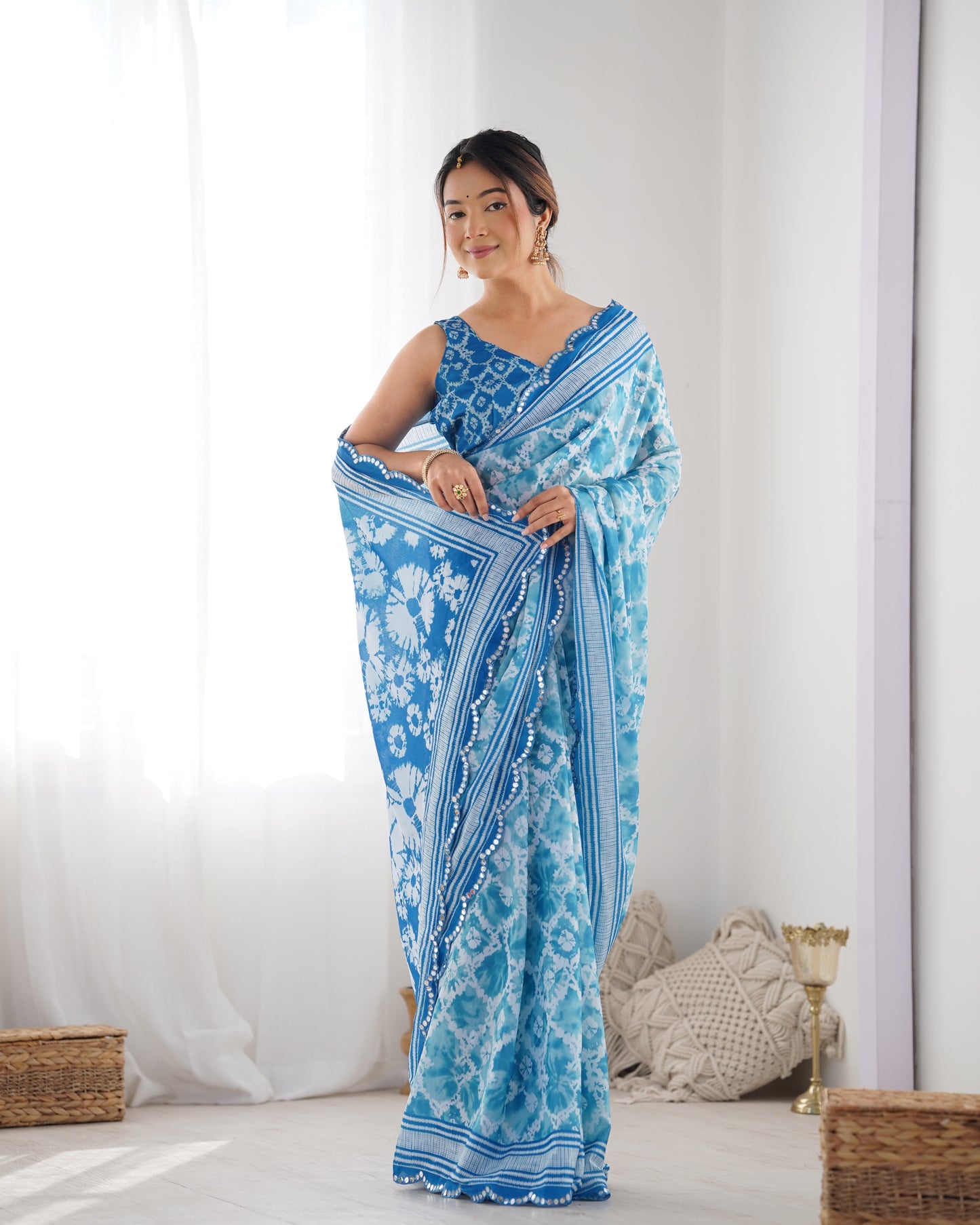 Sky Blue Heavy Chinnon Saree with Print Work and Beautiful Kutchi Work Mirror Lace Border