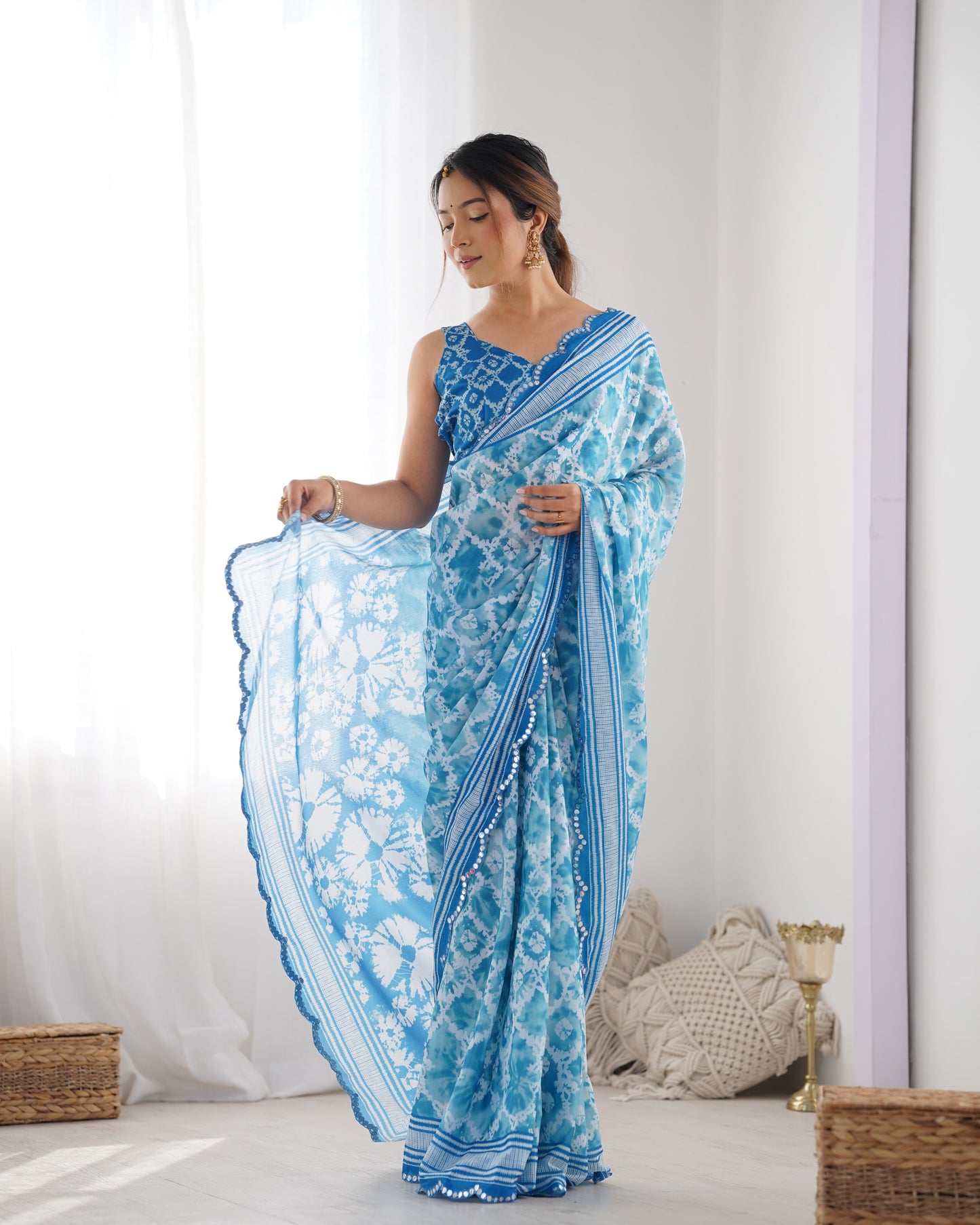 Sky Blue Heavy Chinnon Saree with Print Work and Beautiful Kutchi Work Mirror Lace Border
