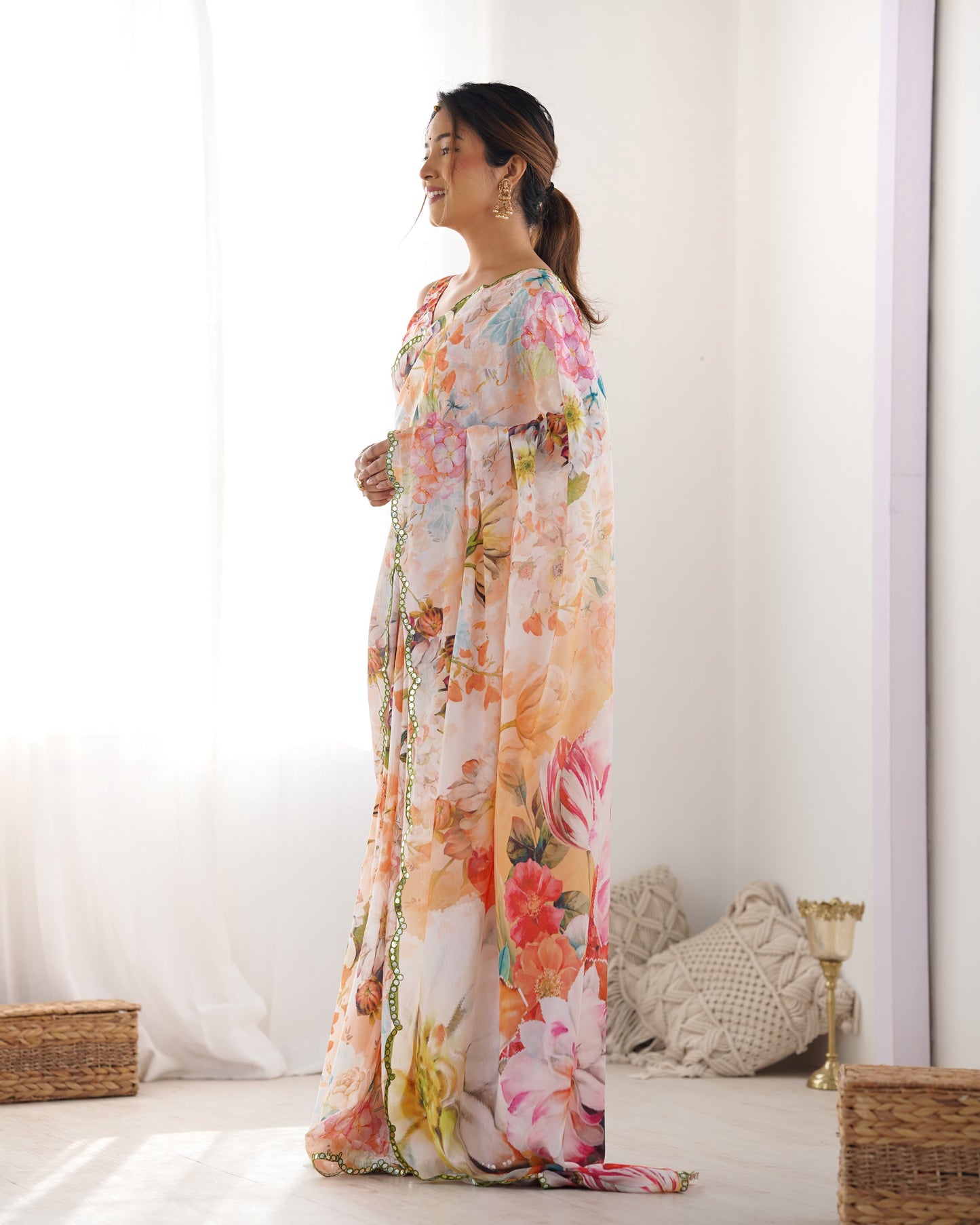 Off White Heavy Chinnon Saree with Print and Kutchi Mirror Lace Border
