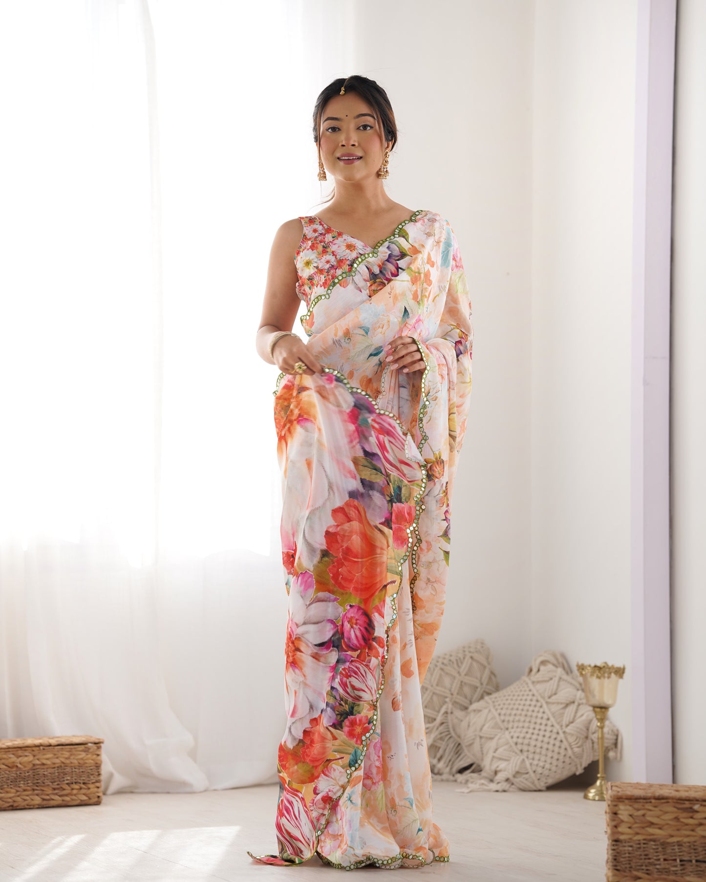 Off White Heavy Chinnon Saree with Print and Kutchi Mirror Lace Border