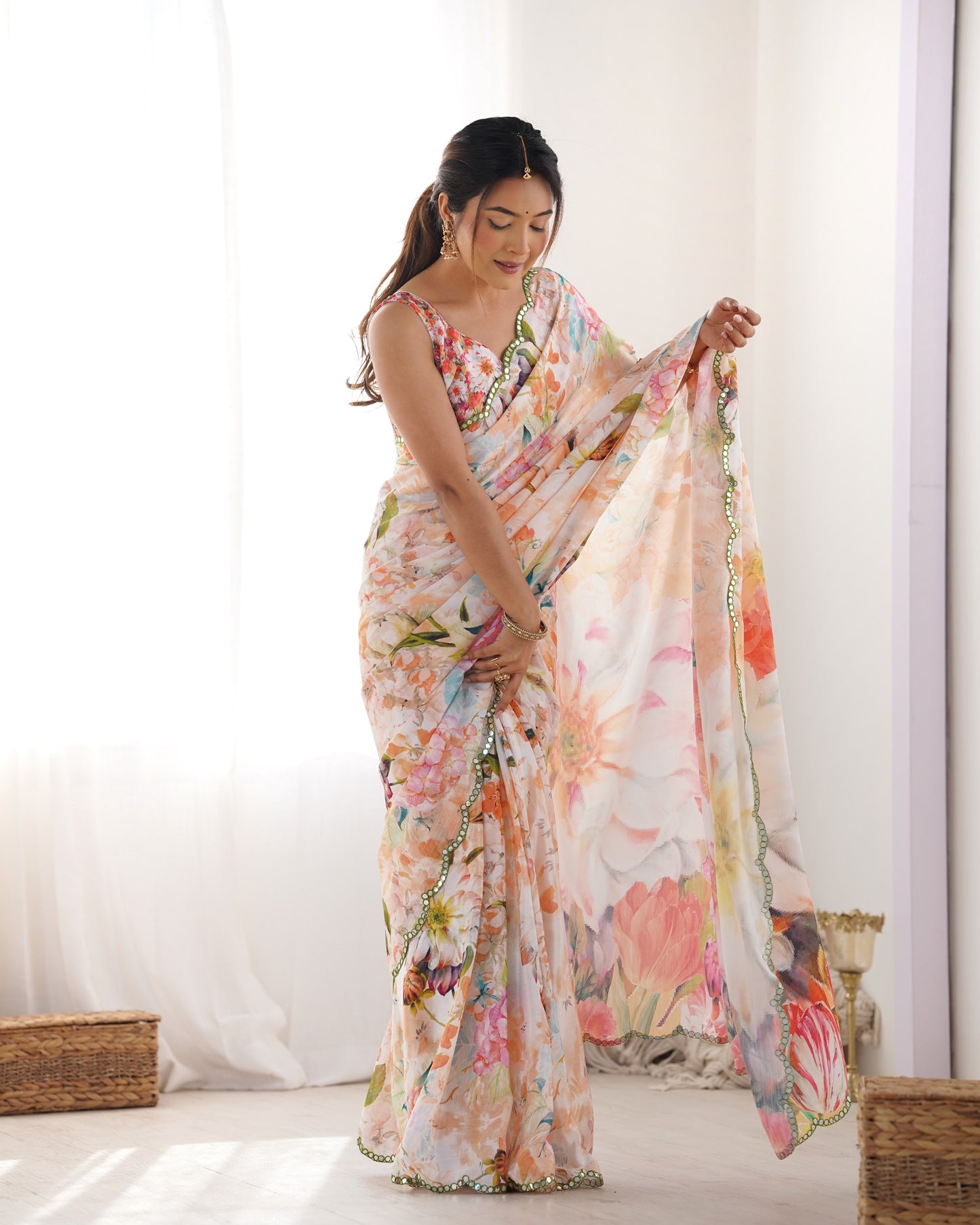 Off White Heavy Chinnon Saree with Print and Kutchi Mirror Lace Border