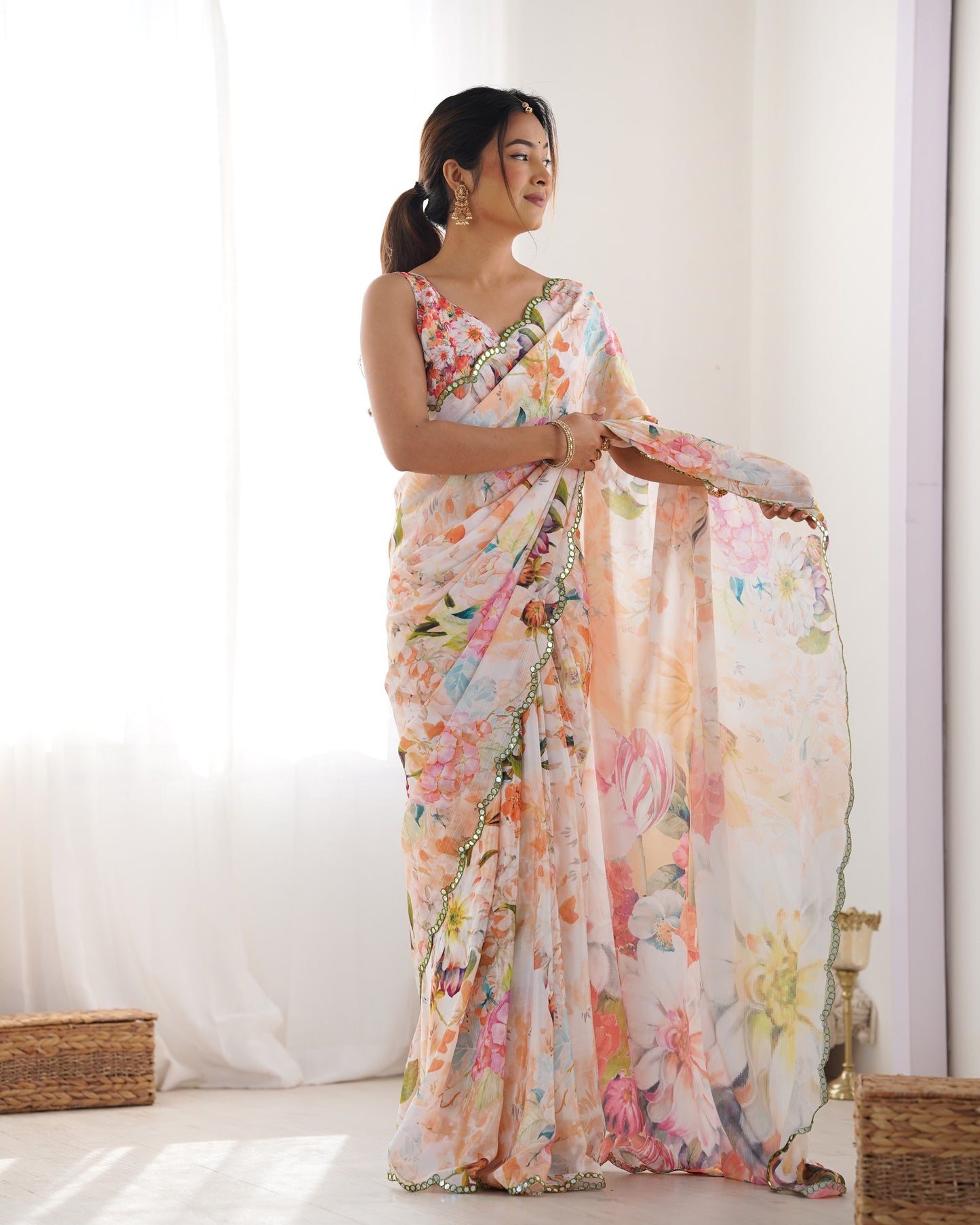 Off White Heavy Chinnon Saree with Print and Kutchi Mirror Lace Border