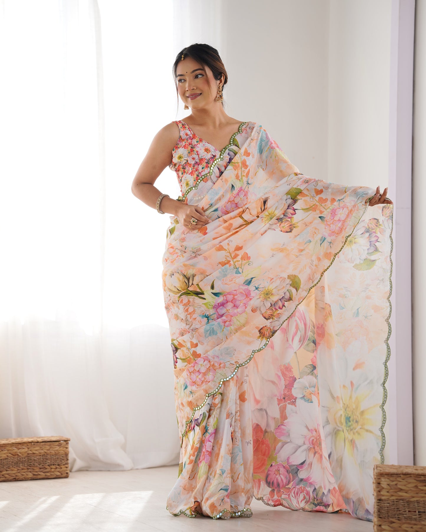 Off White Heavy Chinnon Saree with Print and Kutchi Mirror Lace Border