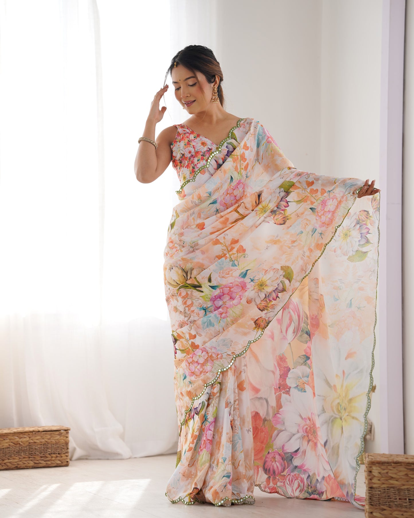 Off White Heavy Chinnon Saree with Print and Kutchi Mirror Lace Border