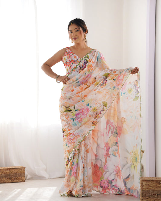 Off White Chinnon Saree with Print and Kutchi Mirror Lace Border – Available