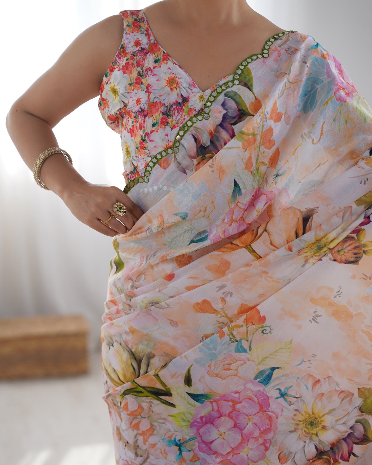 Off White Heavy Chinnon Saree with Print and Kutchi Mirror Lace Border