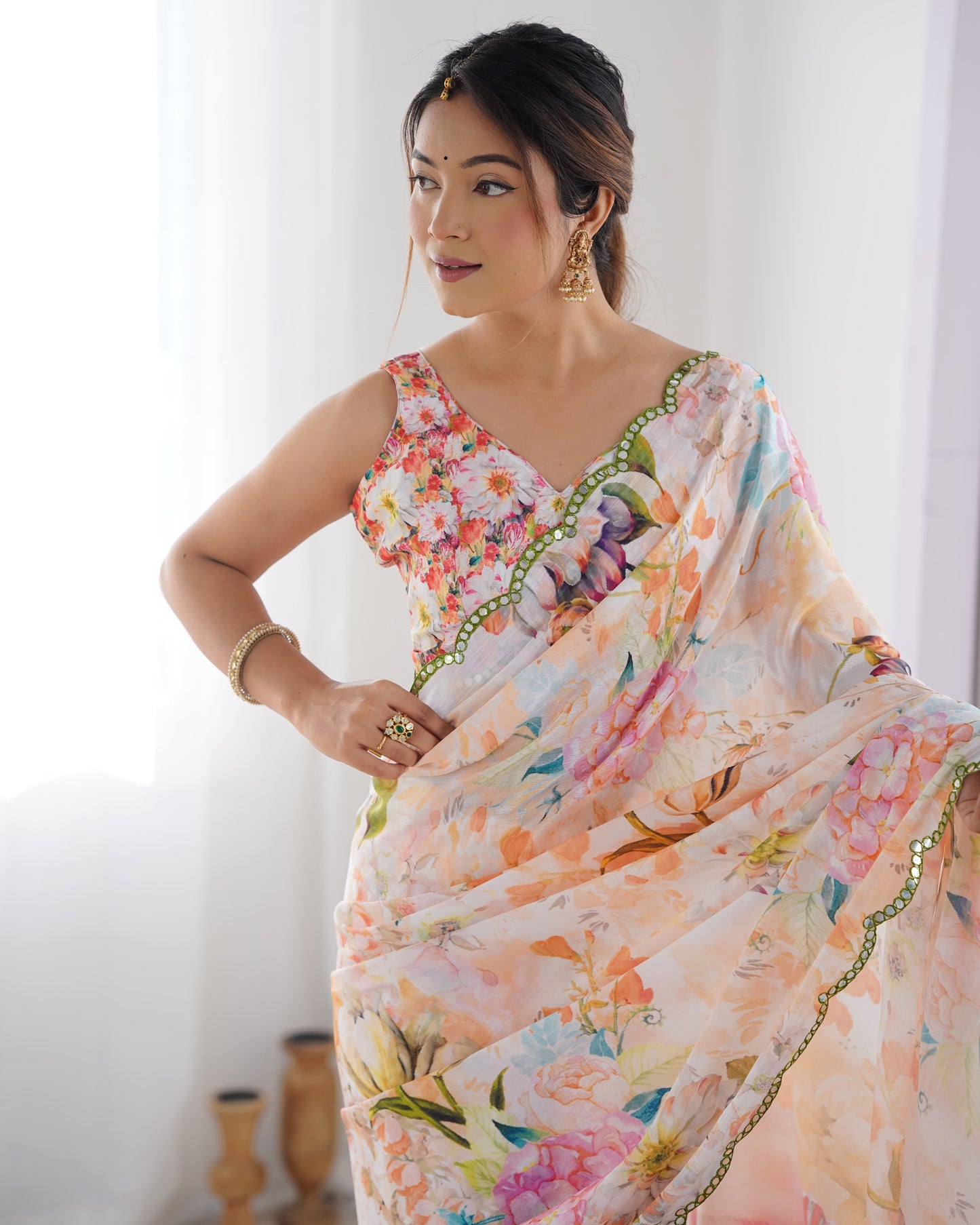 Off White Heavy Chinnon Saree with Print and Kutchi Mirror Lace Border