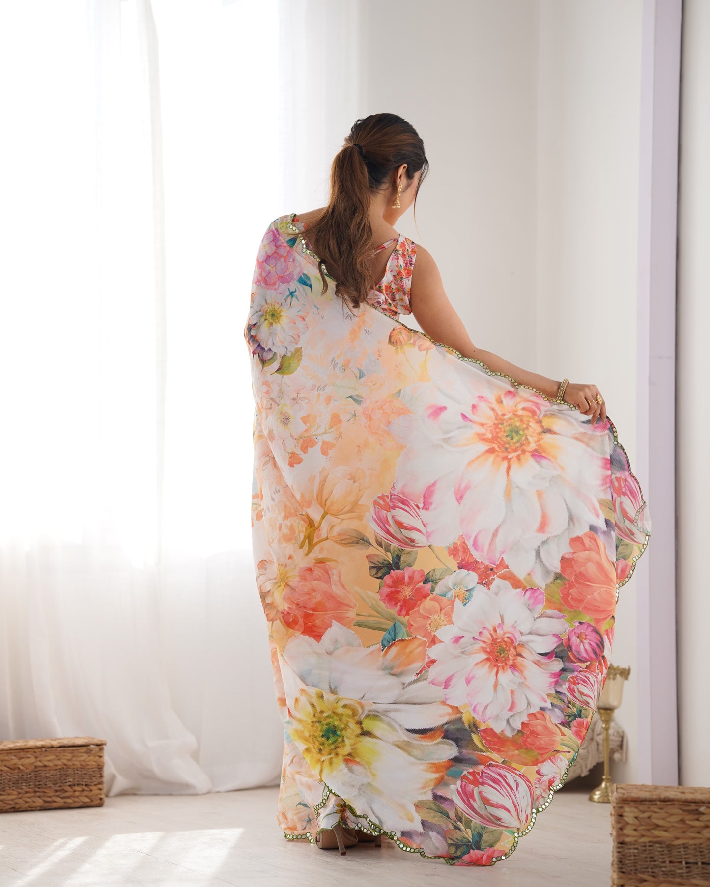 Off White Heavy Chinnon Saree with Print and Kutchi Mirror Lace Border