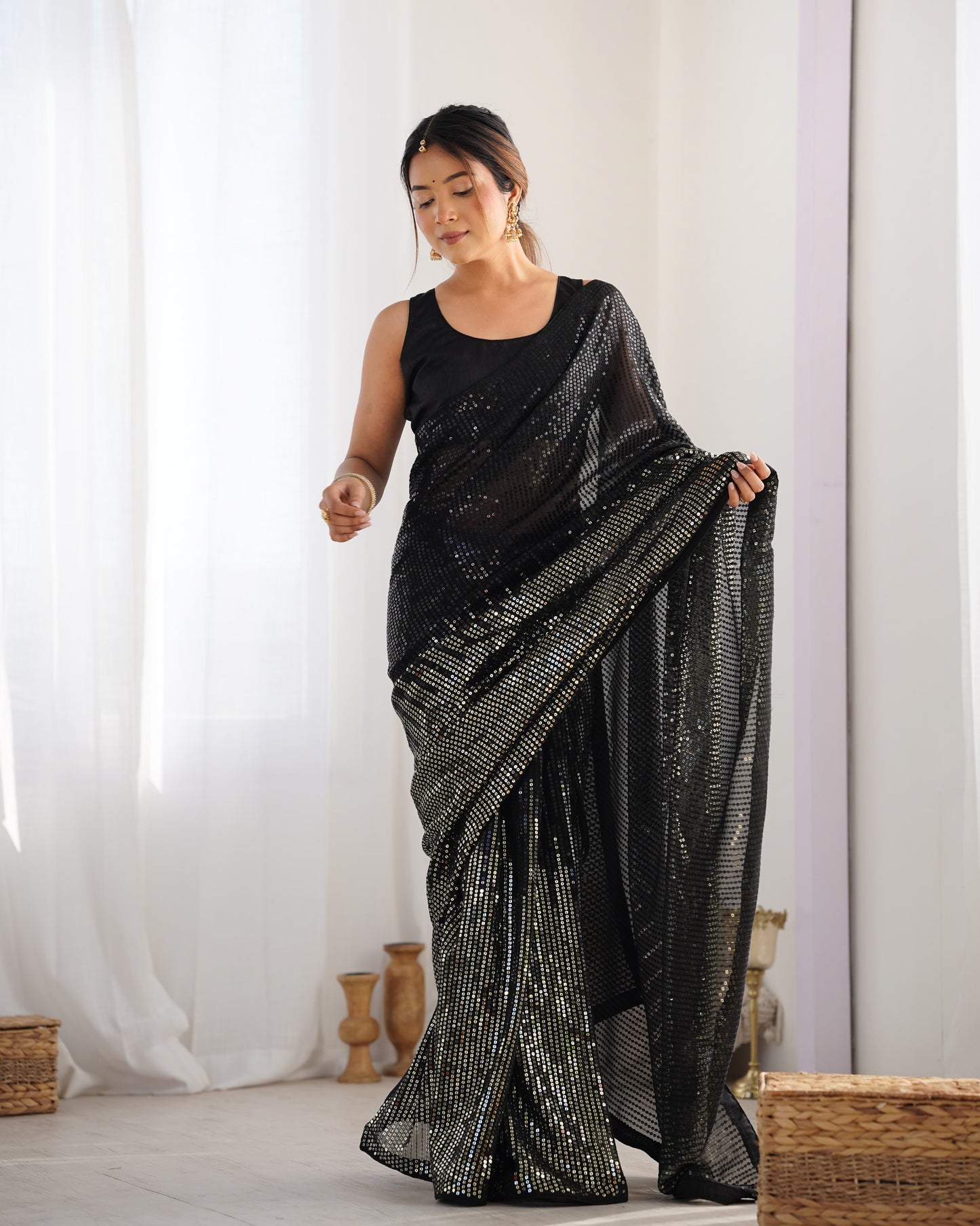 Black Heavy Georgette Saree with Multicolored Sequence Embroidery & Piping