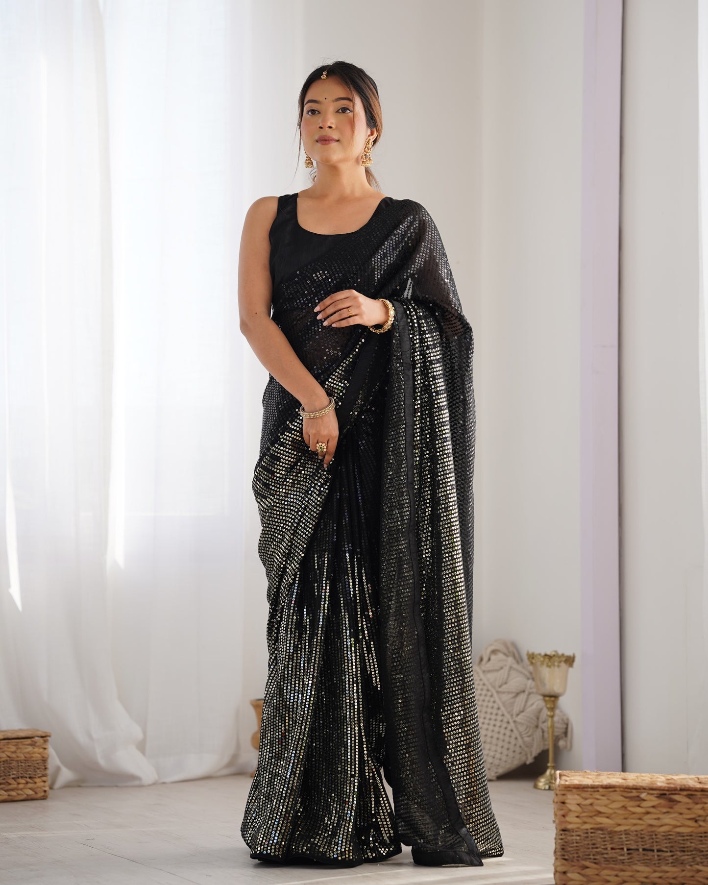 Black Heavy Georgette Saree with Multicolored Sequence Embroidery & Piping