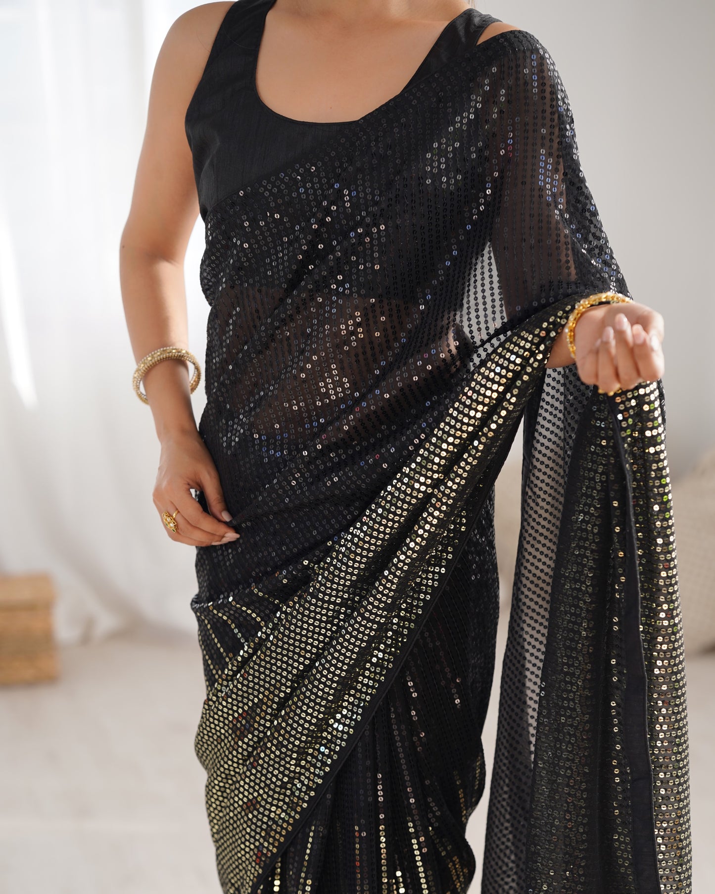 Black Heavy Georgette Saree with Multicolored Sequence Embroidery & Piping