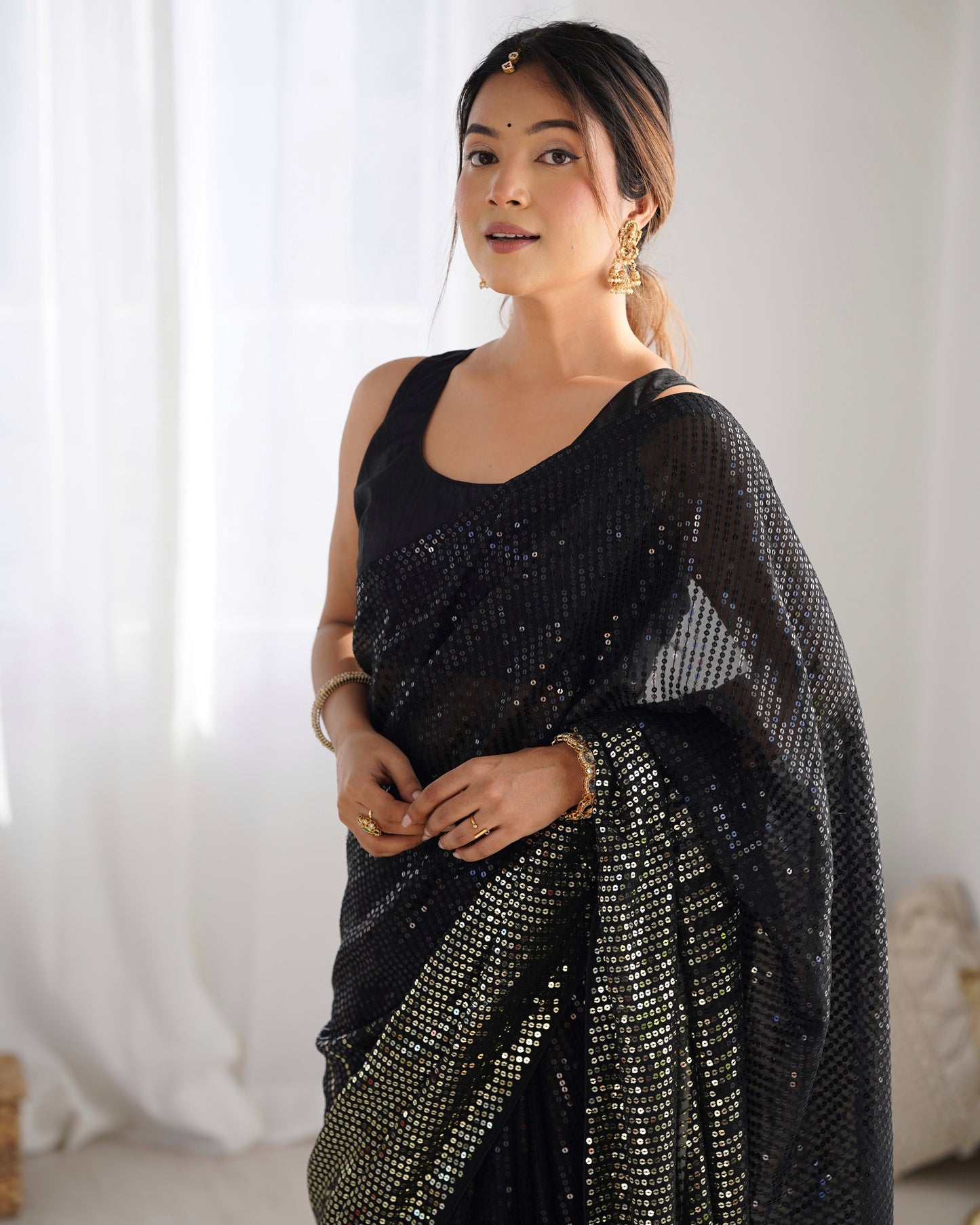 Black Heavy Georgette Saree with Multicolored Sequence Embroidery & Piping