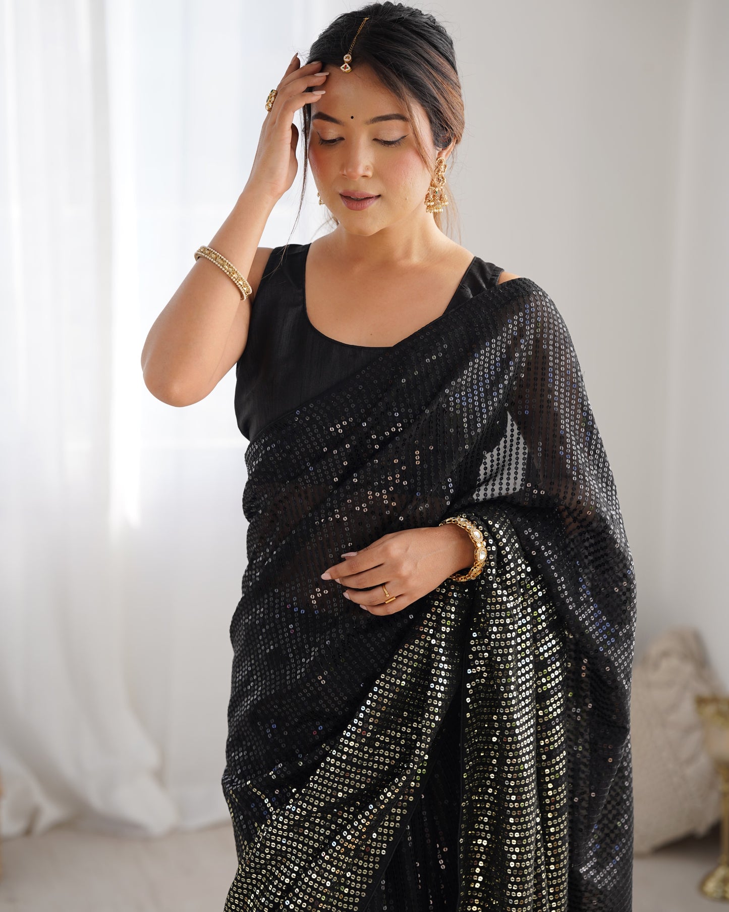 Black Heavy Georgette Saree with Multicolored Sequence Embroidery & Piping