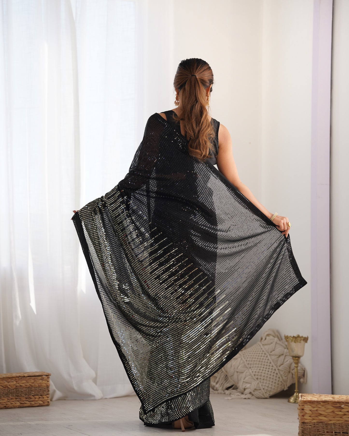 Black Heavy Georgette Saree with Multicolored Sequence Embroidery & Piping