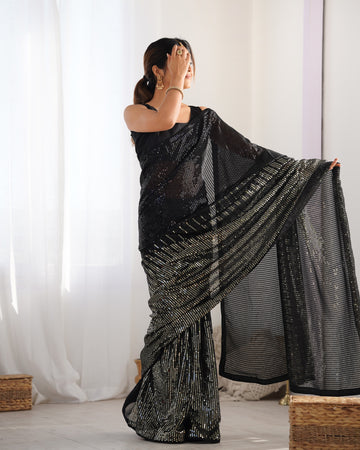 Black Georgette Saree with Sequence Embroidery, Backpatch, and Piping – Available