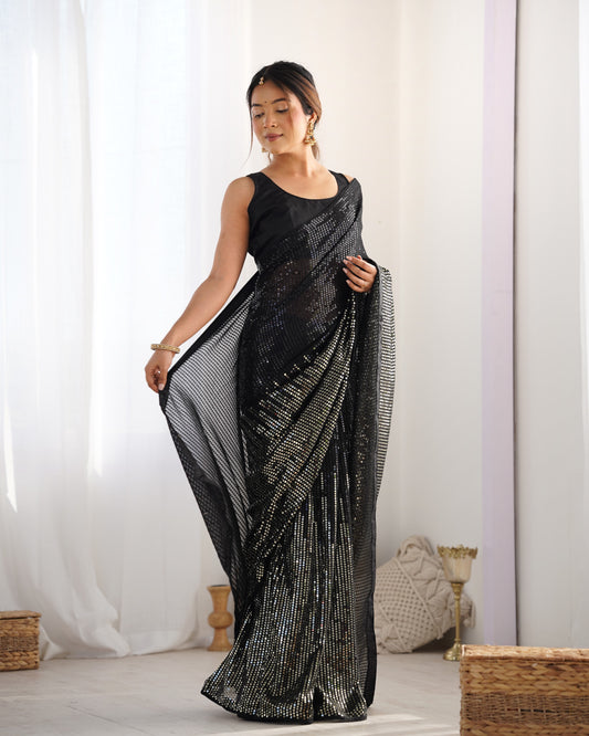 Black Heavy Georgette Saree with Multicolored Sequence Embroidery & Piping