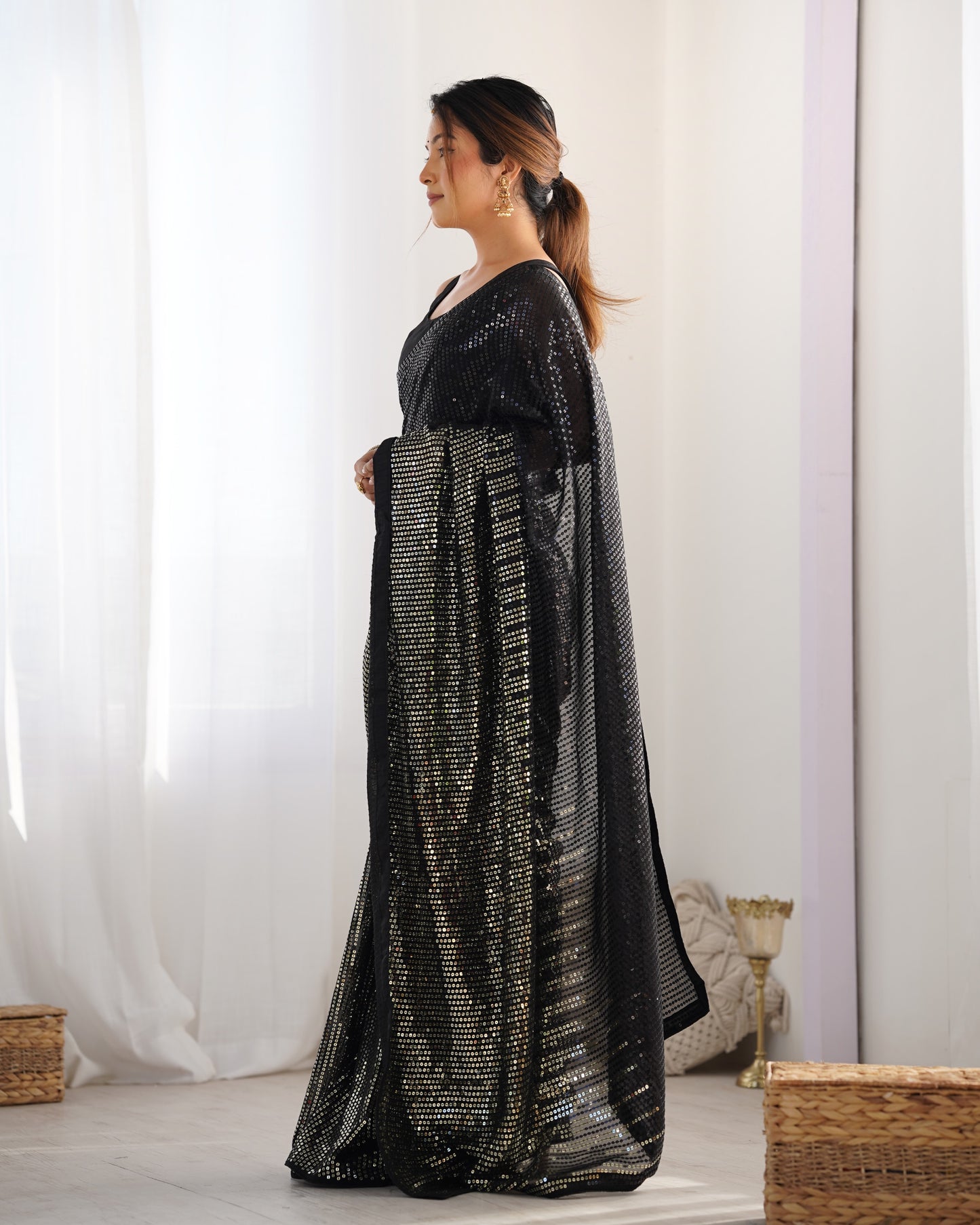 Black Heavy Georgette Saree with Multicolored Sequence Embroidery & Piping