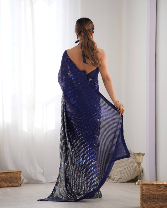 Blue Heavy Georgette Saree with Multicolored Sequence Embroidery & Piping
