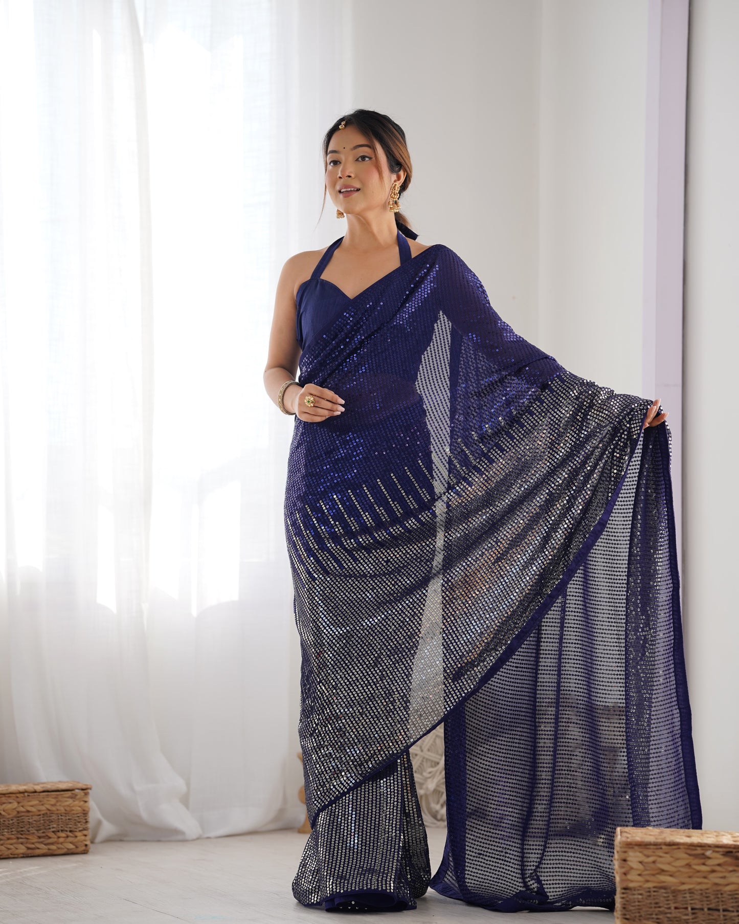 Blue Heavy Georgette Saree with Multicolored Sequence Embroidery & Piping