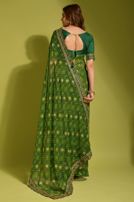 Green Soft Lichi Silk Saree with Rich Pallu and Jari Work