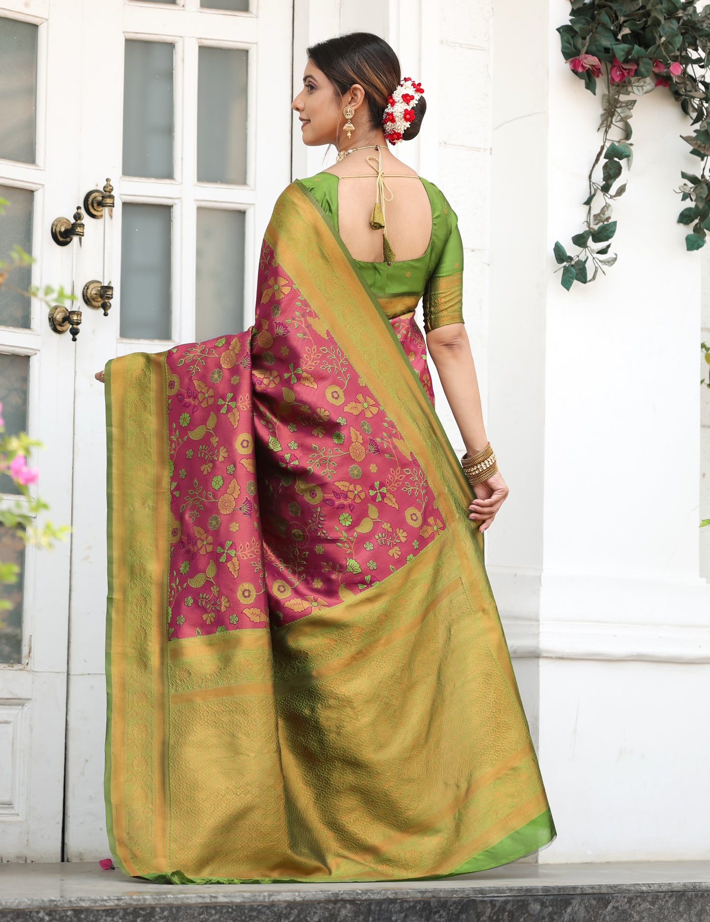 Wine Green Litchi Soft Silk Banarasi Saree with Floral Zari Woven