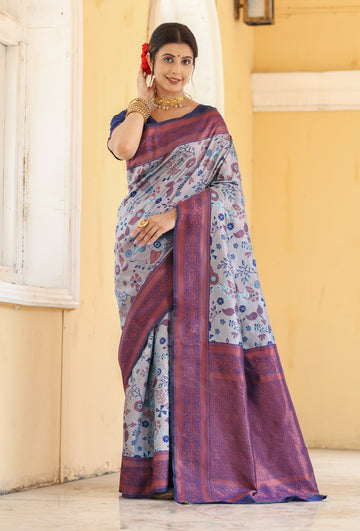 "Light Blue Banarasi Silk Saree with Floral Zari Woven Work – In Stock"
