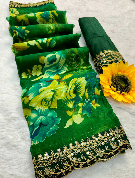 Green Soft Lichi Silk Saree with Rich Pallu and Jari Weaving