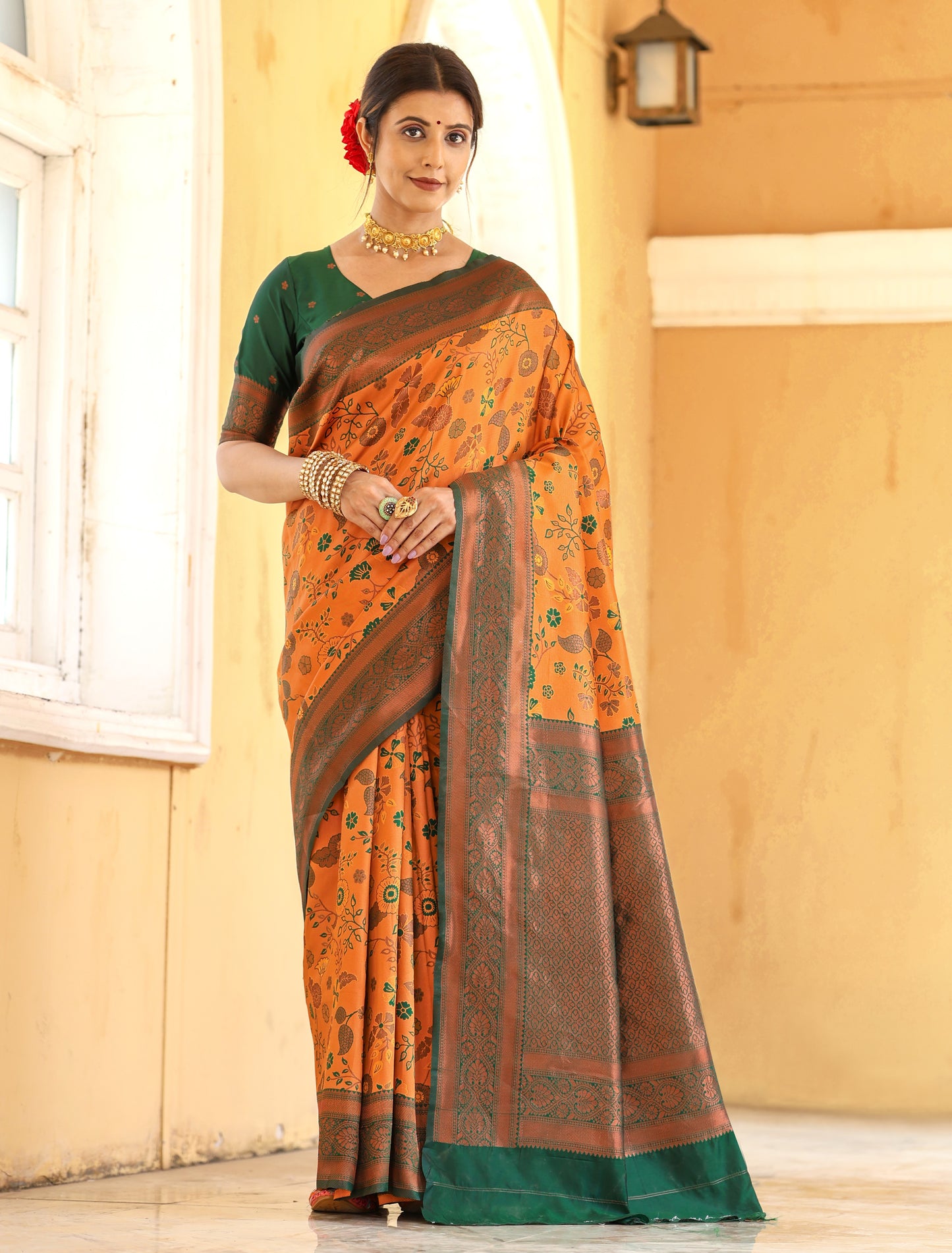 Mustard Bottle Green Litchi Soft Silk Banarasi Saree with Floral Zari Woven