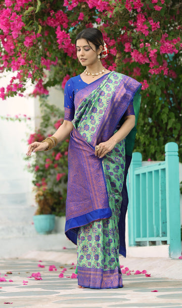 "Sea Green Banarasi Silk Saree with Floral Zari Woven Work – New Arrival"