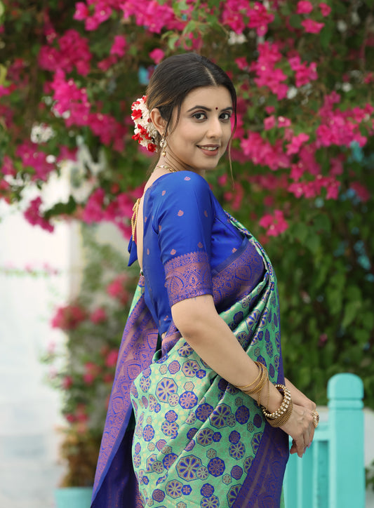 Sea Green Litchi Soft Silk Banarasi Saree with Floral Zari Woven